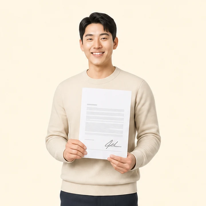 신용불량자 K8 장기렌트 서면 견적서를 들고 있는 고객